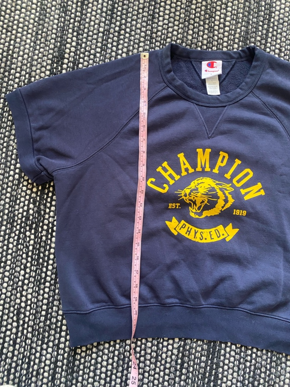Champion Navy Crewneck Cropped Sweatshirt with Yellow Logo - Picture 3 of 4